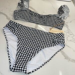 Cabana del Sol Ruffle Bikini NWT White Black Check print Swimsuit L